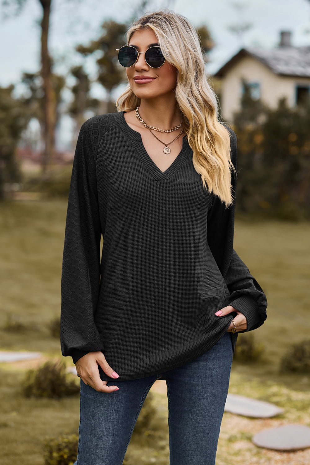 Notched Neck Raglan Sleeve Blouse - Mervyns