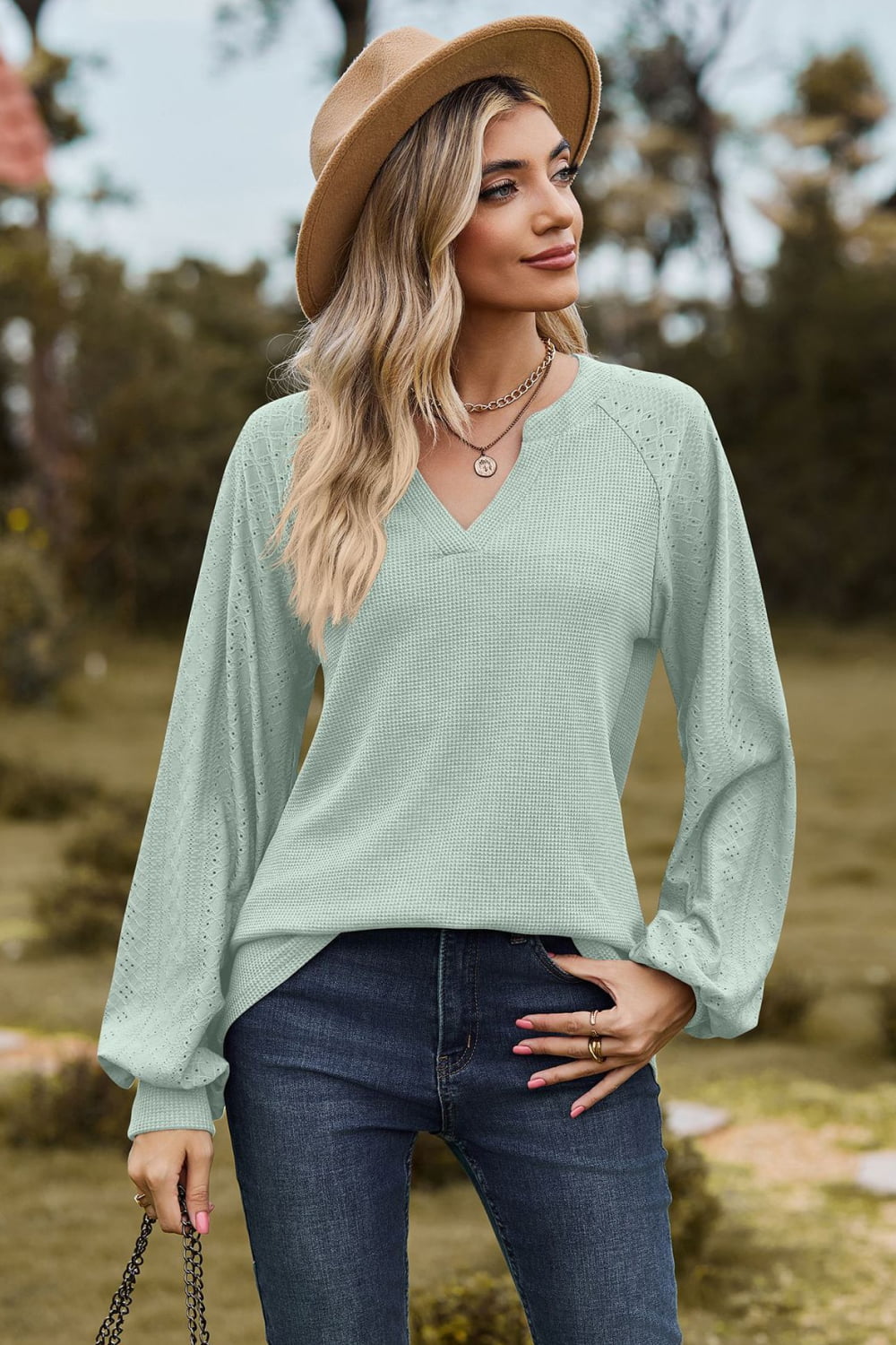 Notched Neck Raglan Sleeve Blouse - Mervyns