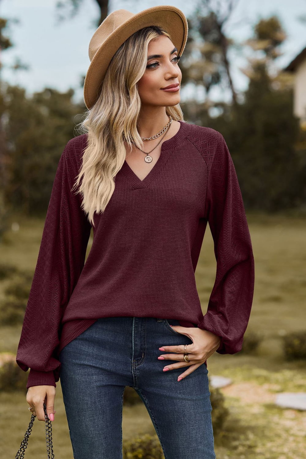 Notched Neck Raglan Sleeve Blouse - Mervyns