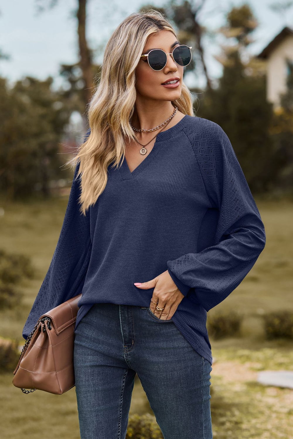 Notched Neck Raglan Sleeve Blouse - Mervyns