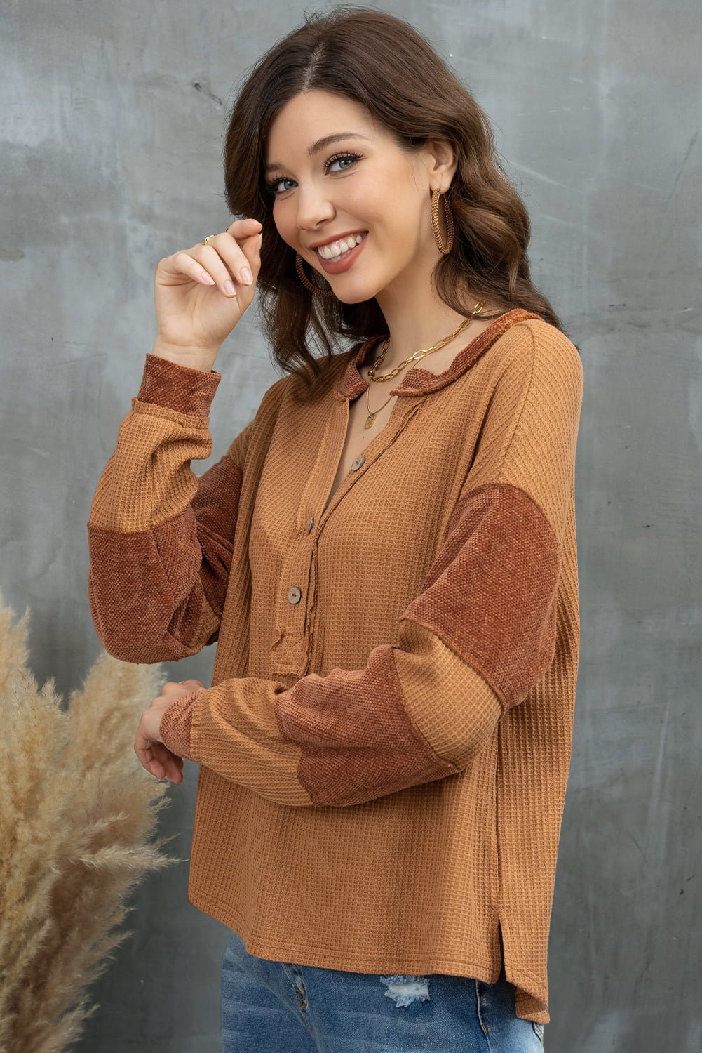 Notched Neck Waffle - Knit Blouse - Mervyns