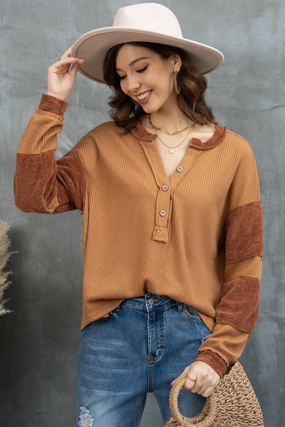 Notched Neck Waffle - Knit Blouse - Mervyns