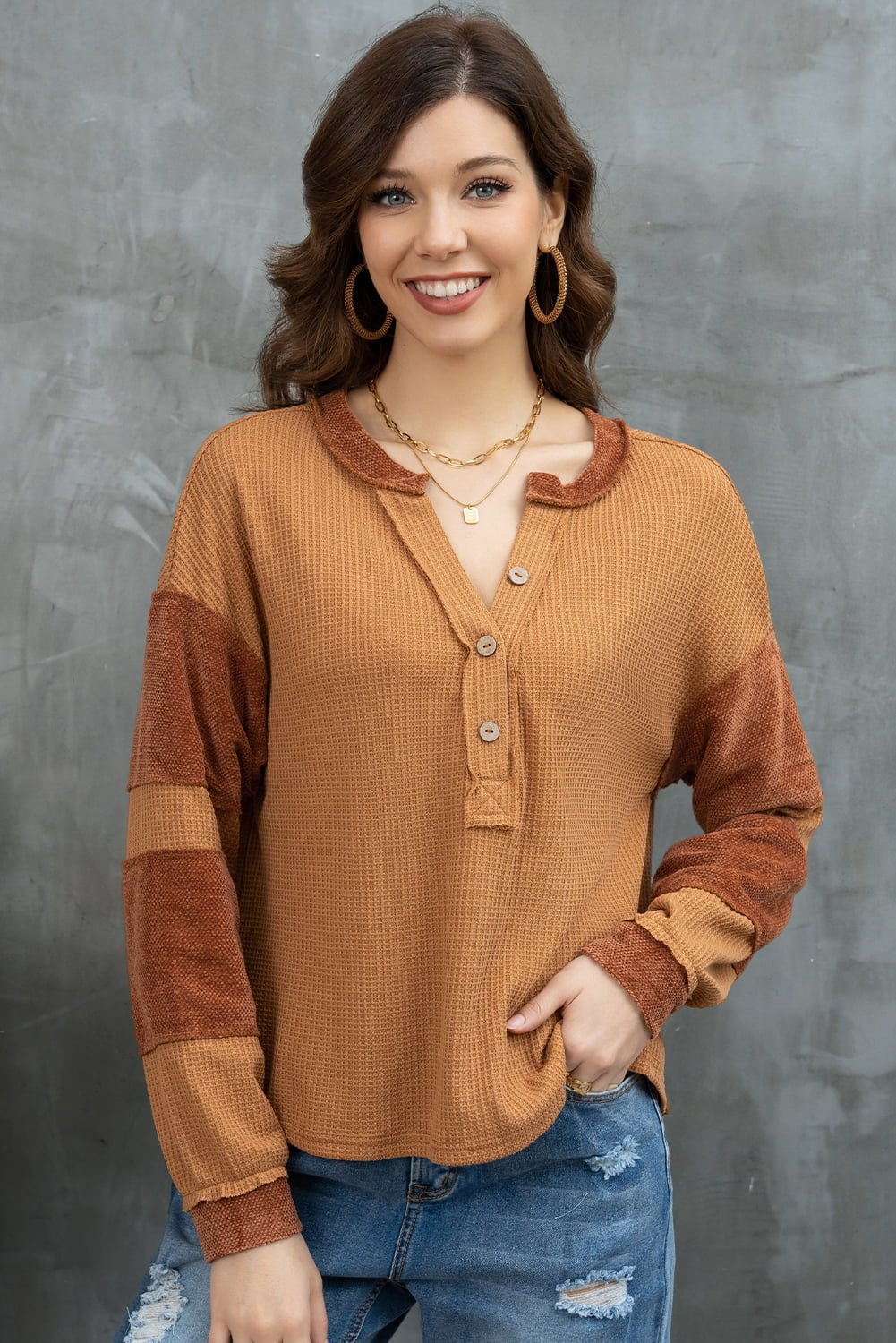 Notched Neck Waffle - Knit Blouse - Mervyns