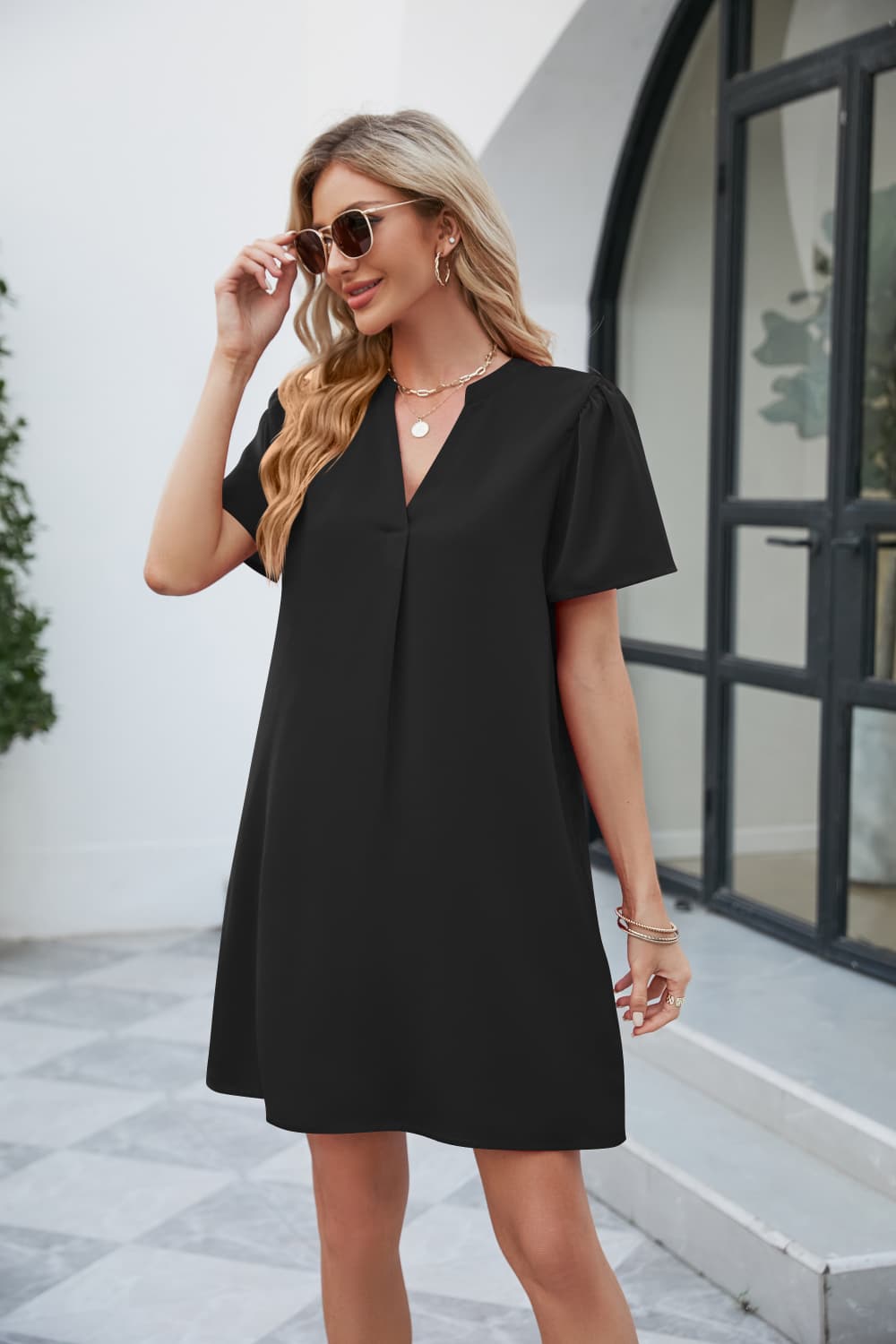 Notched Puff Sleeve Shift Dress - Mervyns