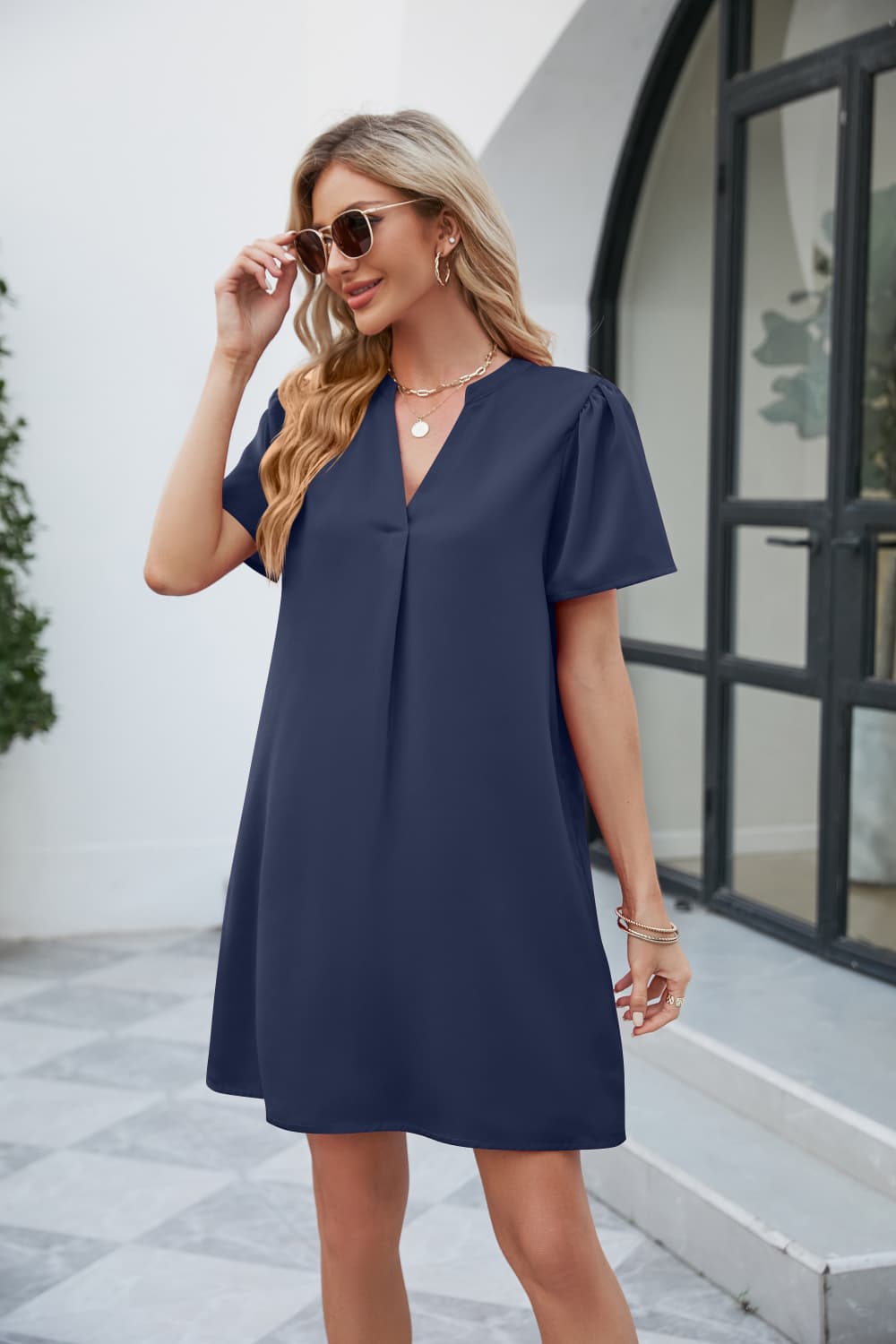 Notched Puff Sleeve Shift Dress - Mervyns