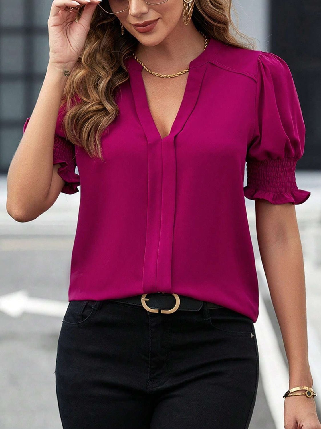 Notched Short Sleeve Blouse - Mervyns