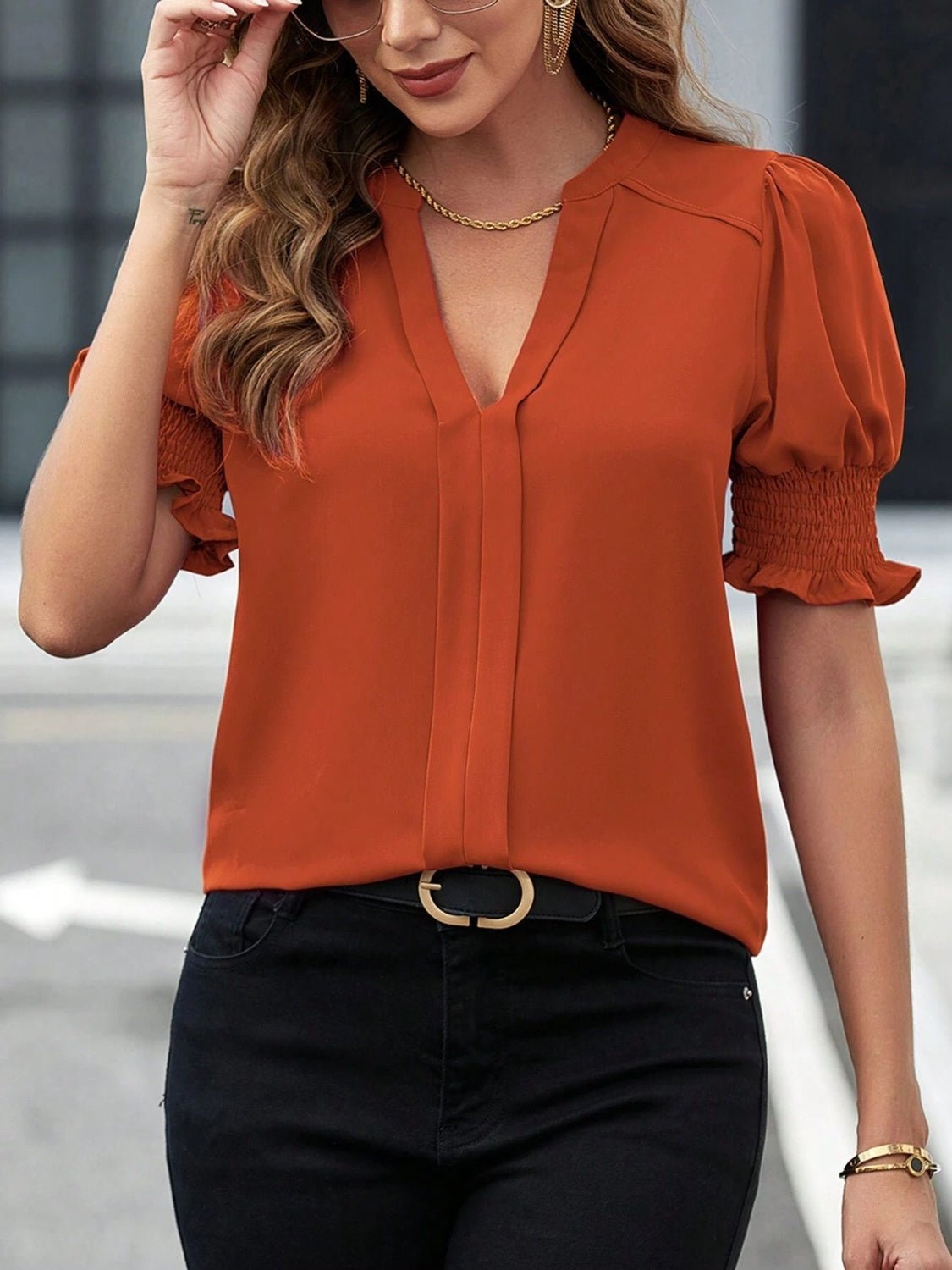 Notched Short Sleeve Blouse - Mervyns