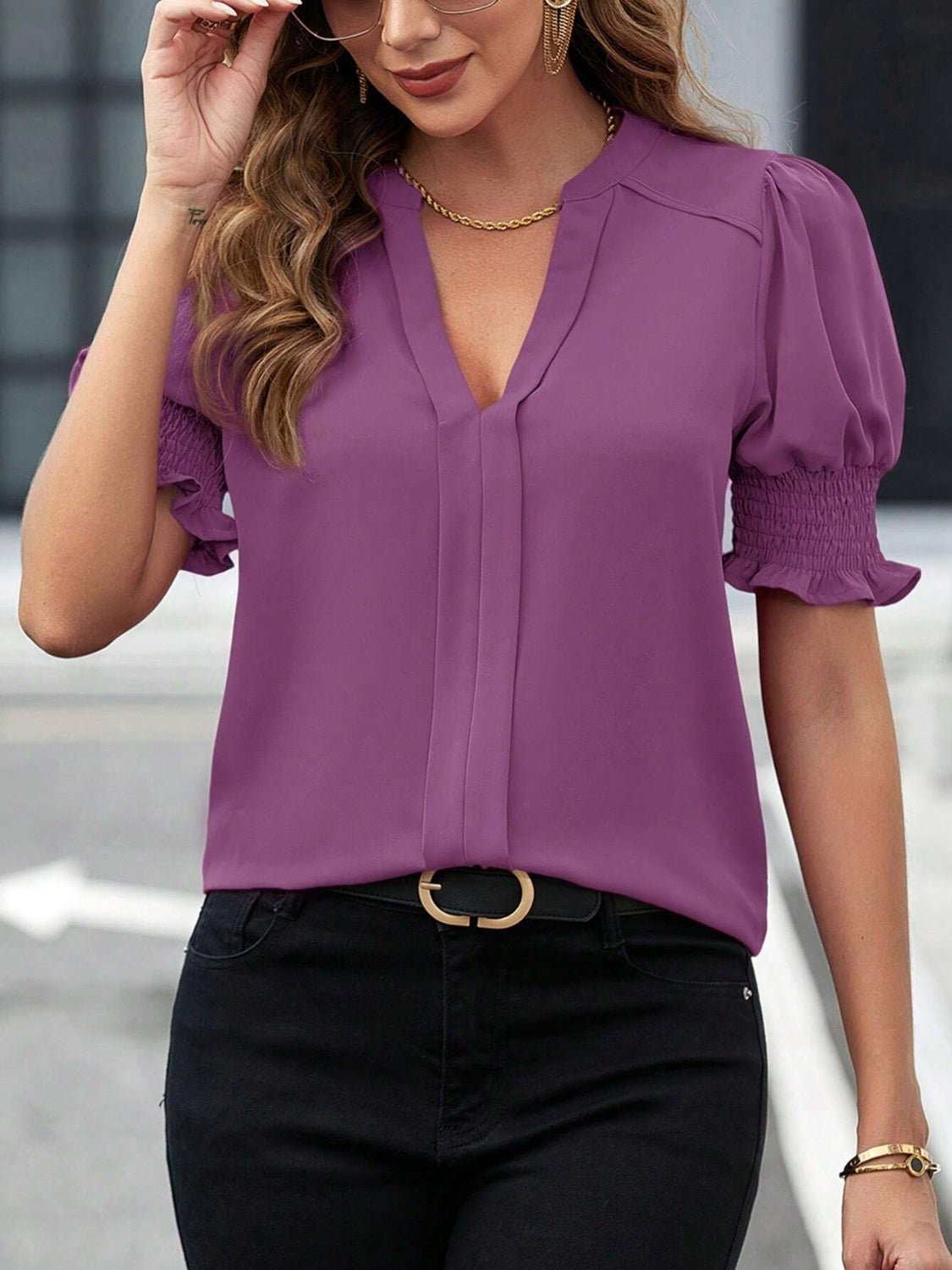 Notched Short Sleeve Blouse - Mervyns