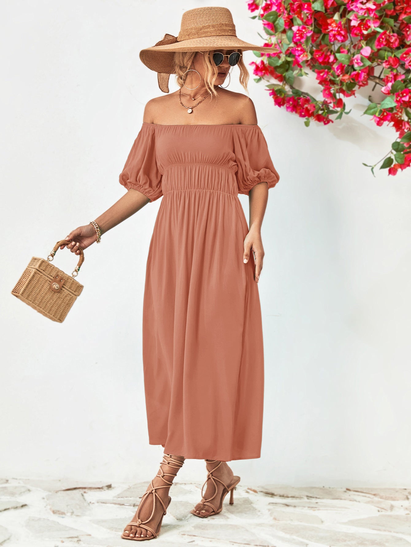 Off - Shoulder Balloon Sleeve Midi Dress - Mervyns