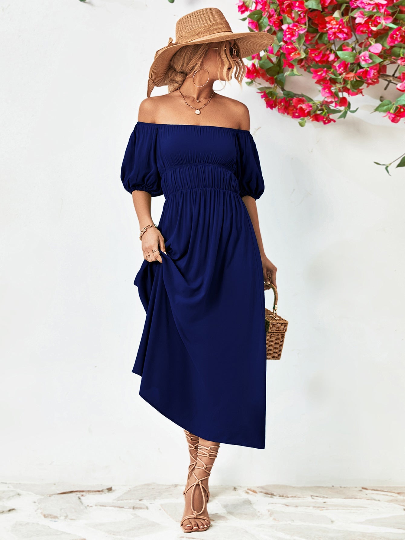 Off - Shoulder Balloon Sleeve Midi Dress - Mervyns