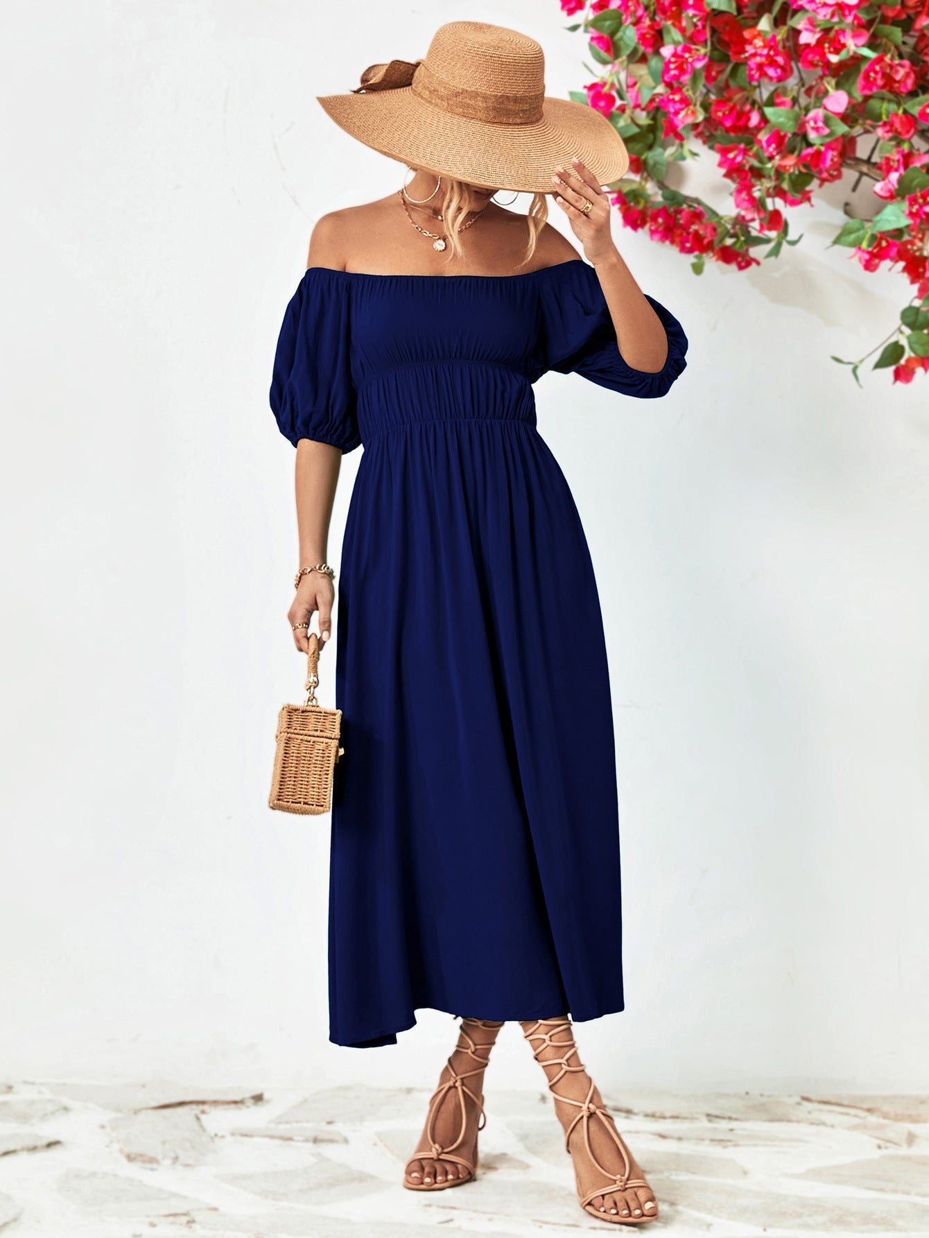 Off - Shoulder Balloon Sleeve Midi Dress - Mervyns