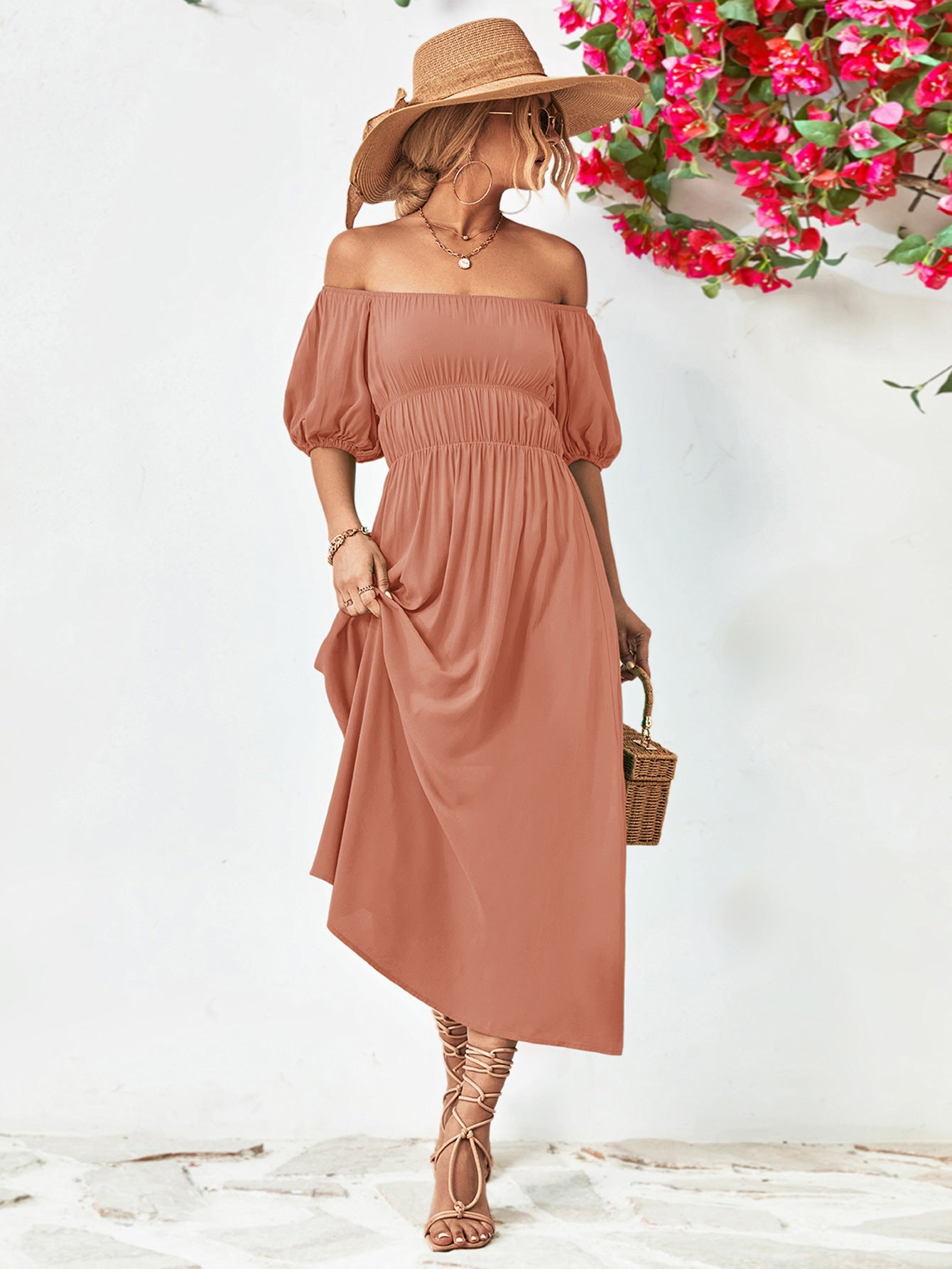 Off - Shoulder Balloon Sleeve Midi Dress - Mervyns