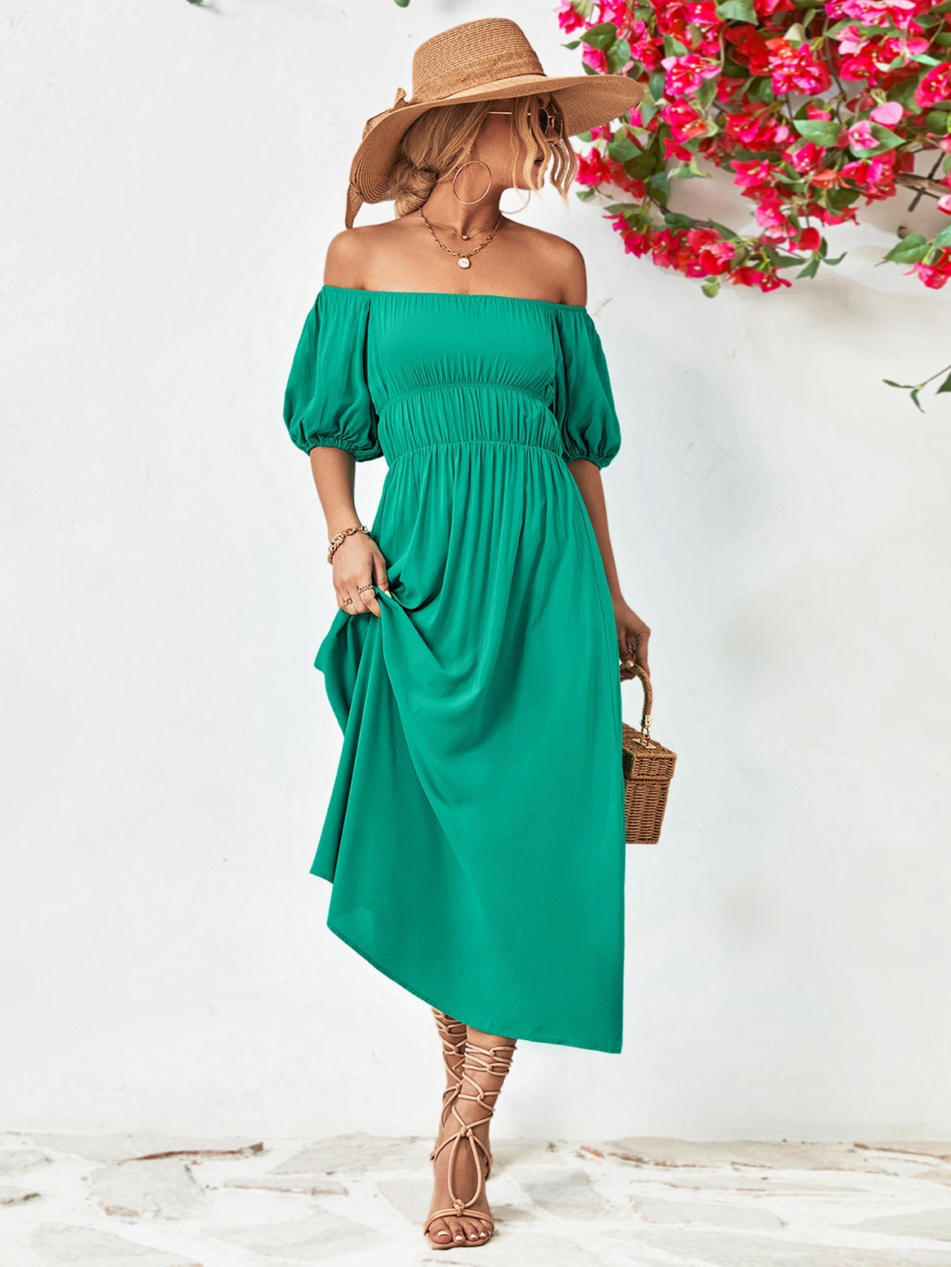 Off - Shoulder Balloon Sleeve Midi Dress - Mervyns