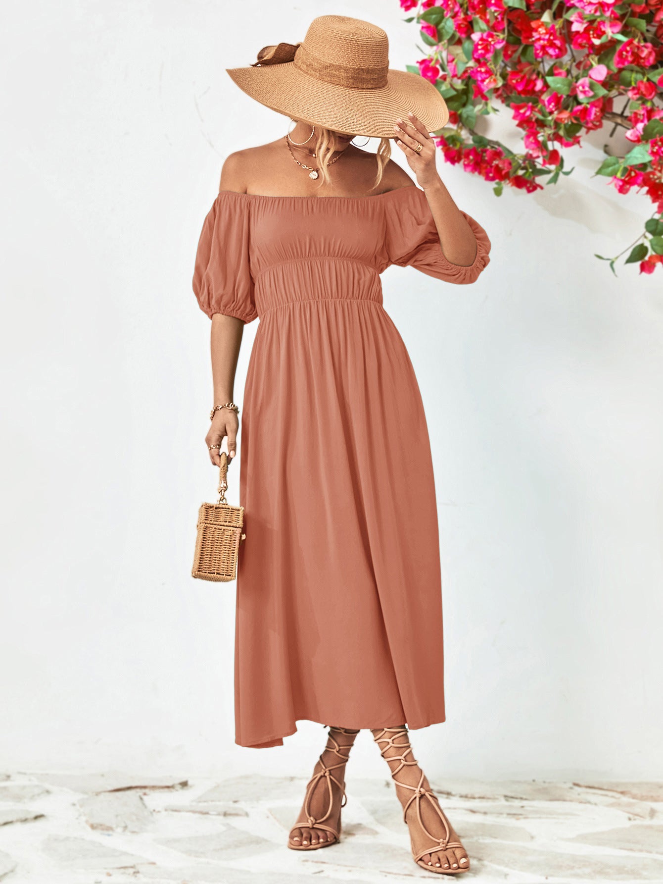 Off - Shoulder Balloon Sleeve Midi Dress - Mervyns