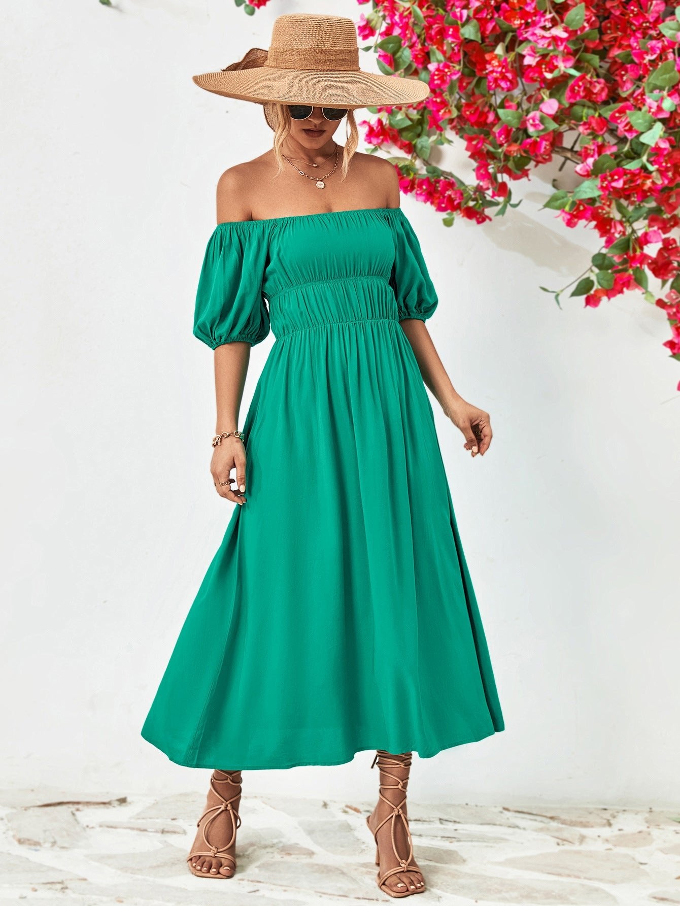 Off - Shoulder Balloon Sleeve Midi Dress - Mervyns