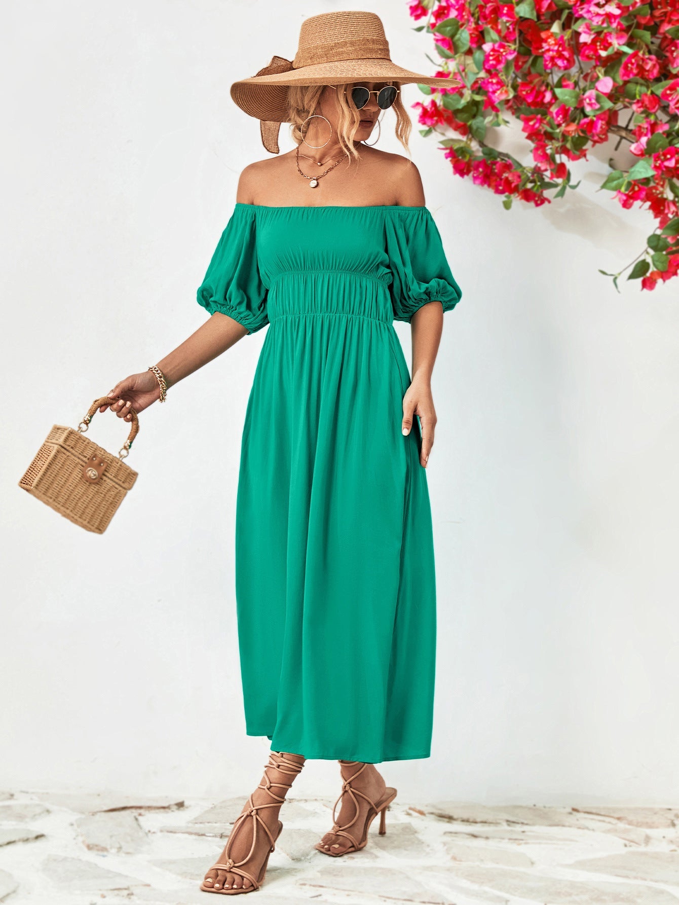 Off - Shoulder Balloon Sleeve Midi Dress - Mervyns