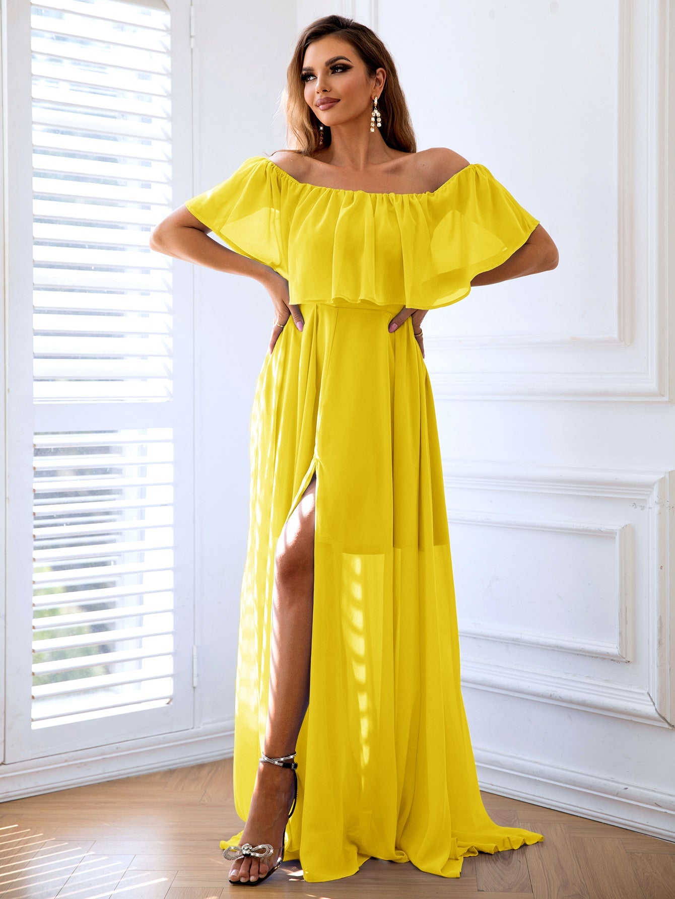 Off - Shoulder Layered Split Maxi Dress - Mervyns