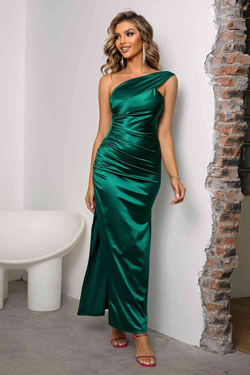 One - Shoulder Ruched Slit Maxi Dress - Mervyns