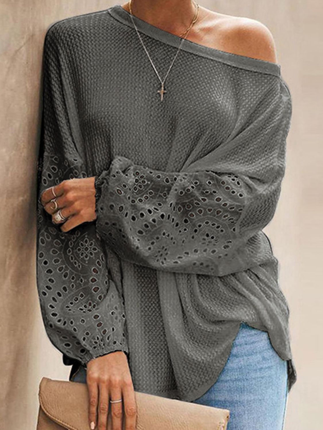 Openwork Dropped Shoulder Boat Neck Blouse - Mervyns