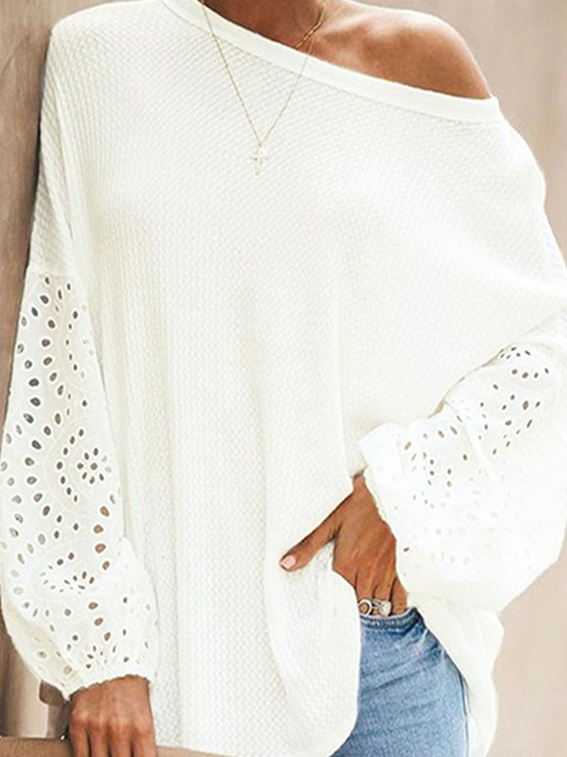 Openwork Dropped Shoulder Boat Neck Blouse - Mervyns