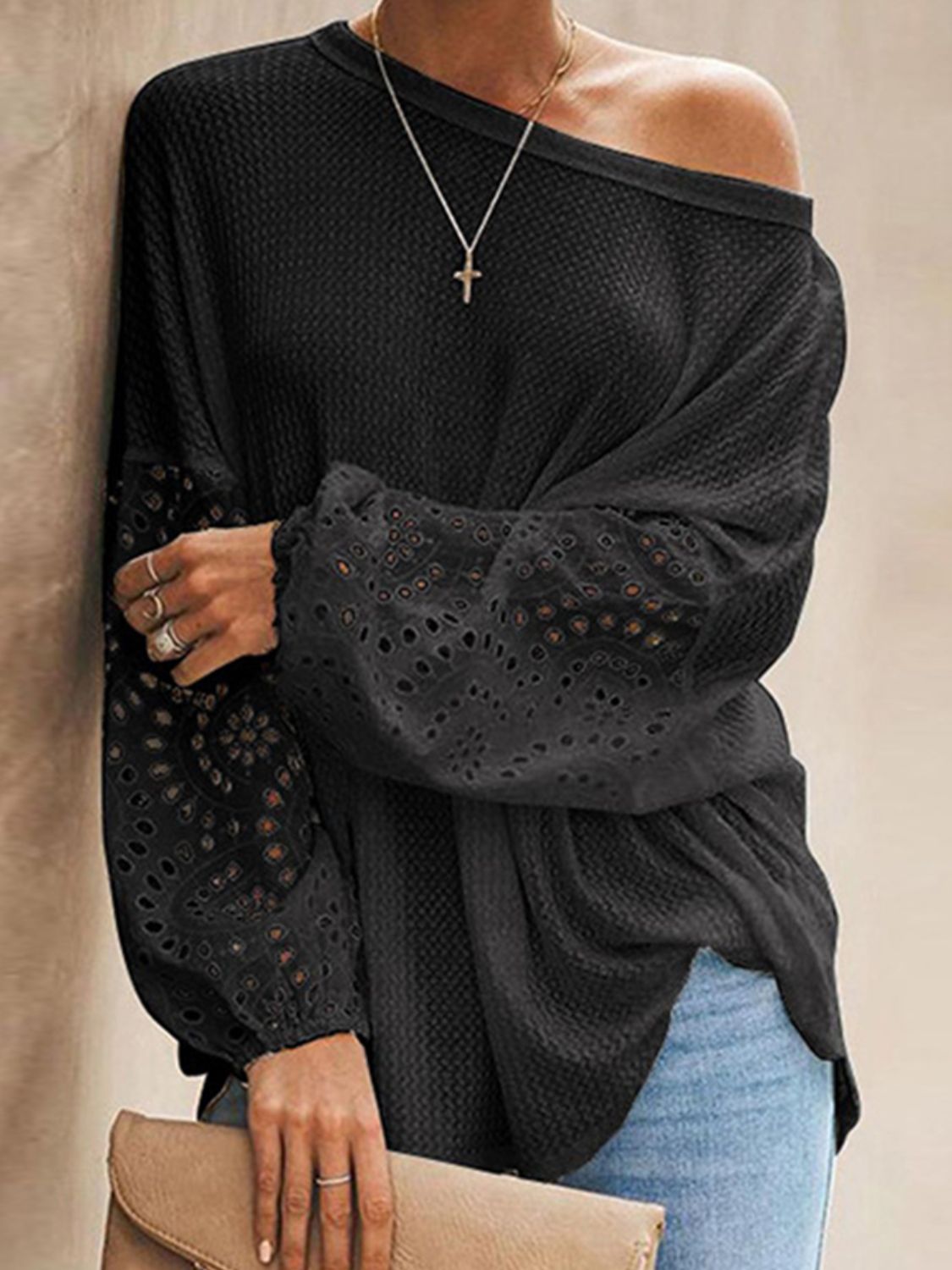 Openwork Dropped Shoulder Boat Neck Blouse - Mervyns