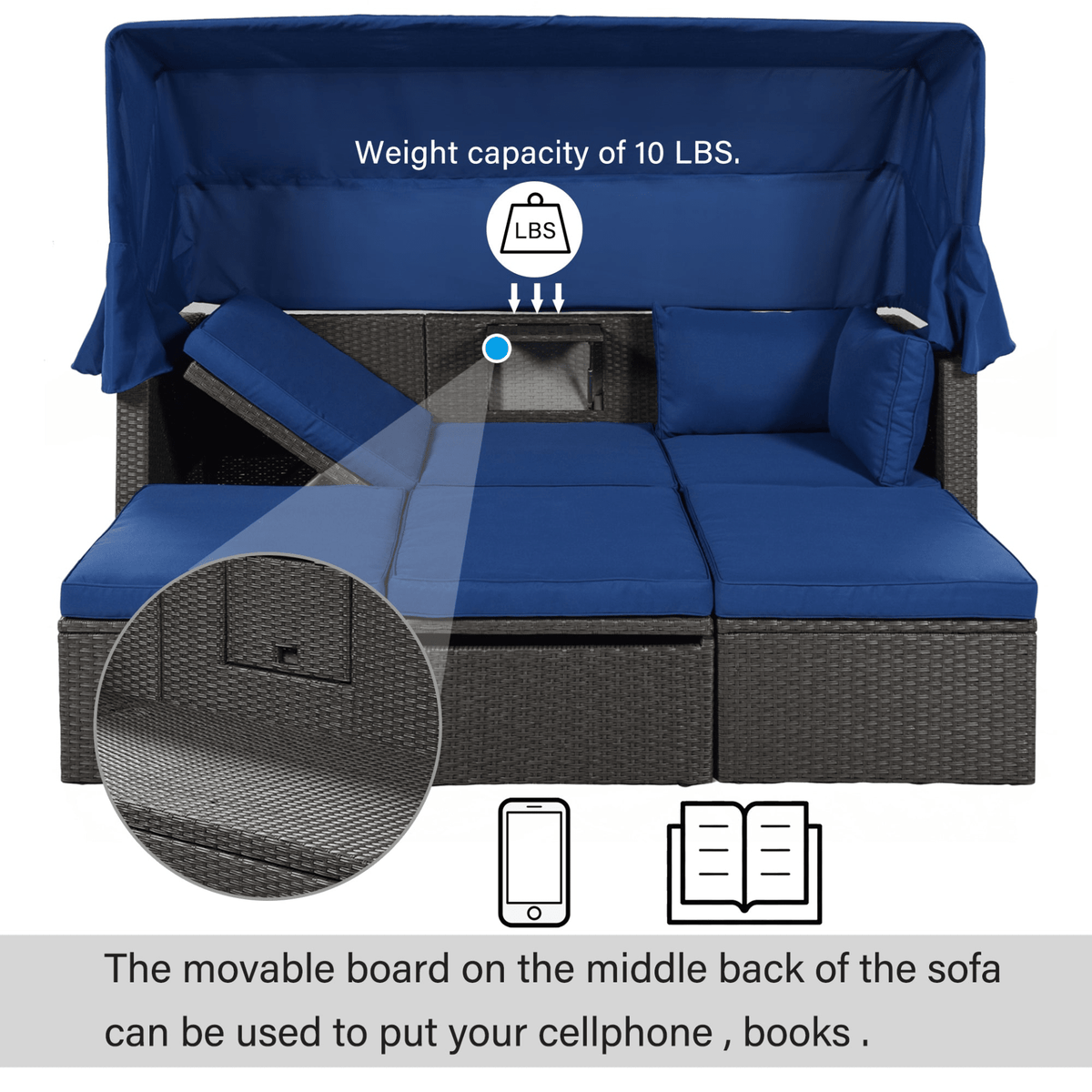 Outdoor Patio Rectangle Daybed with Retractable Canopy Wicker Sectional Seating - Mervyns