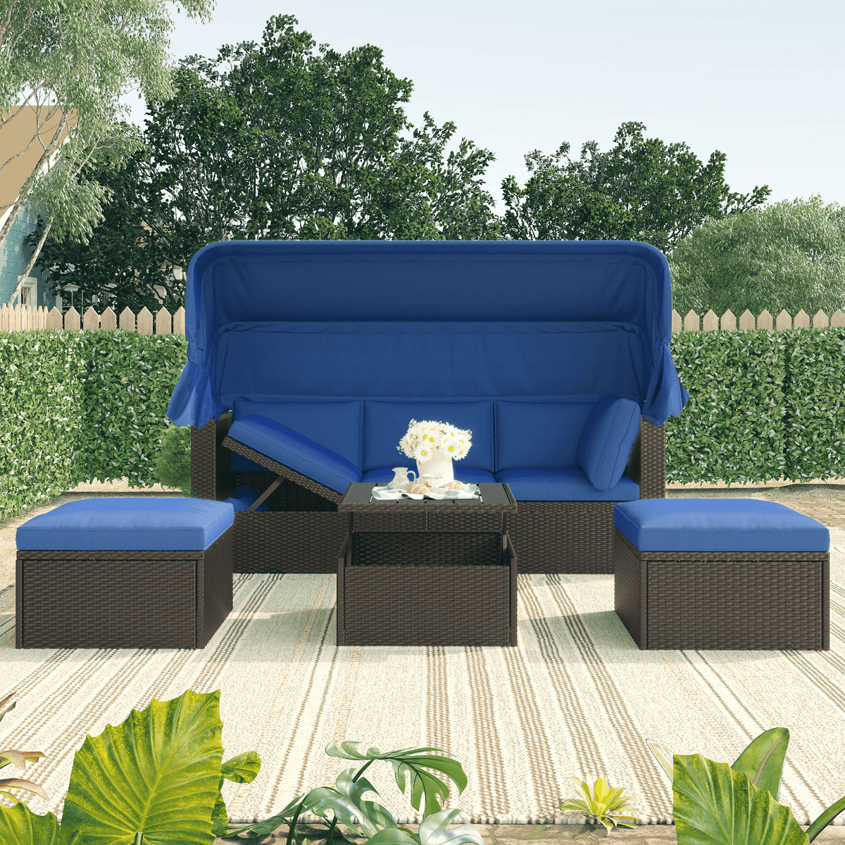Outdoor Patio Rectangle Daybed with Retractable Canopy Wicker Sectional Seating - Mervyns