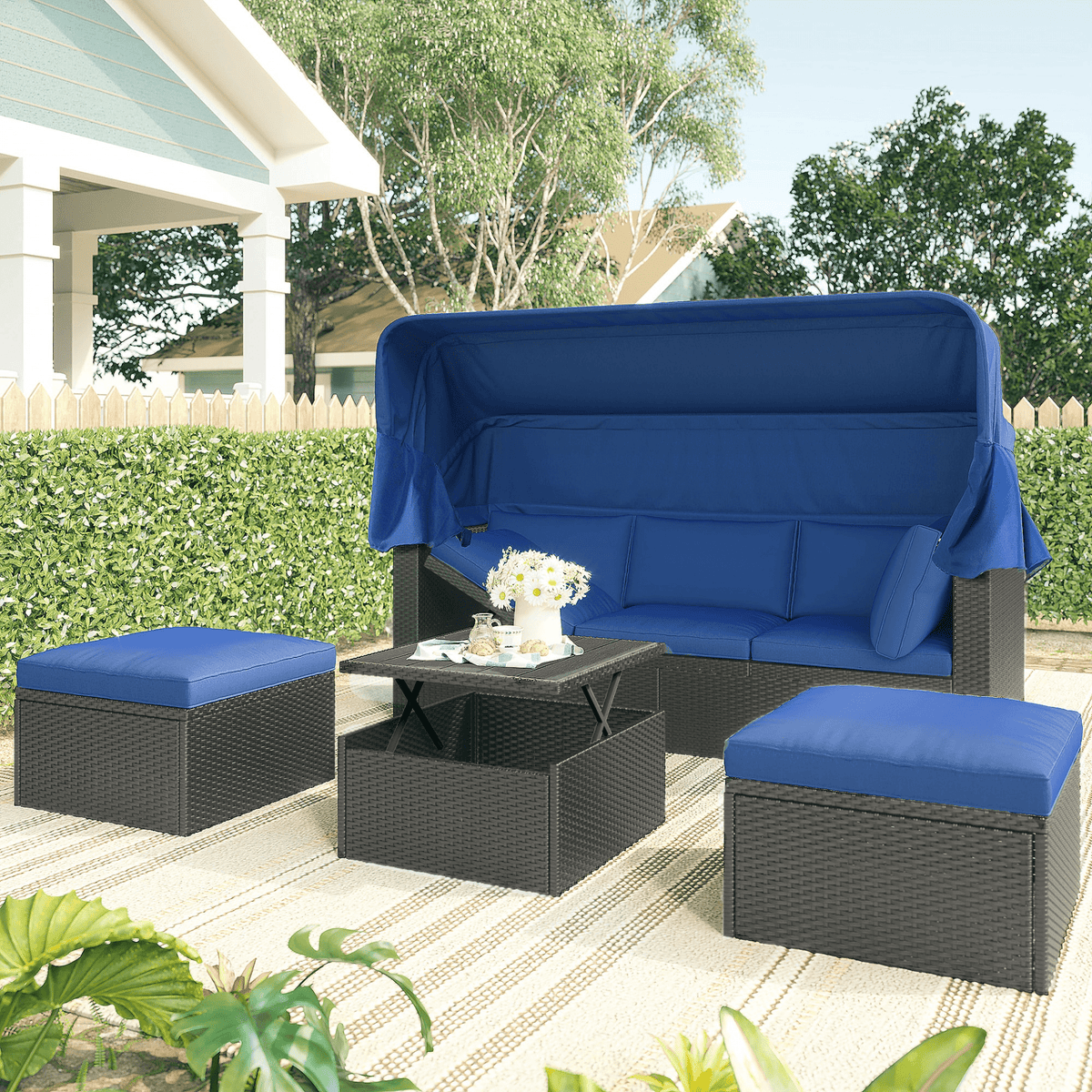 Outdoor Patio Rectangle Daybed with Retractable Canopy Wicker Sectional Seating - Mervyns