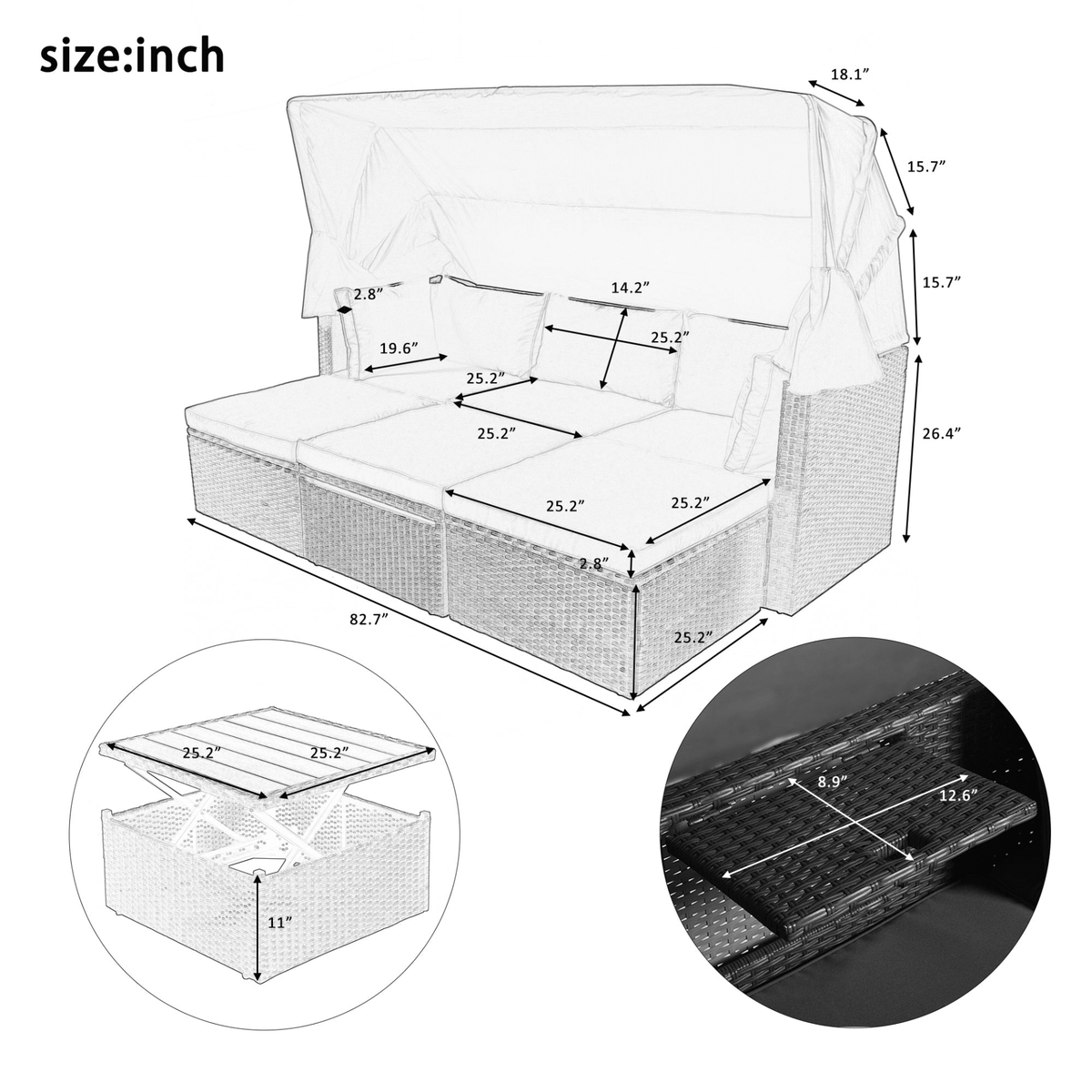 Outdoor Patio Rectangle Daybed with Retractable Canopy Wicker Sectional Seating - Mervyns