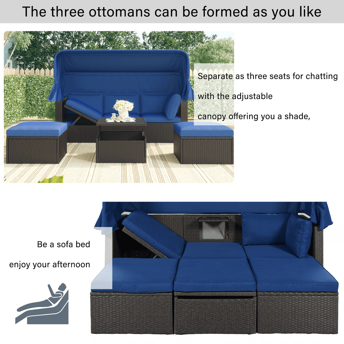 Outdoor Patio Rectangle Daybed with Retractable Canopy Wicker Sectional Seating - Mervyns