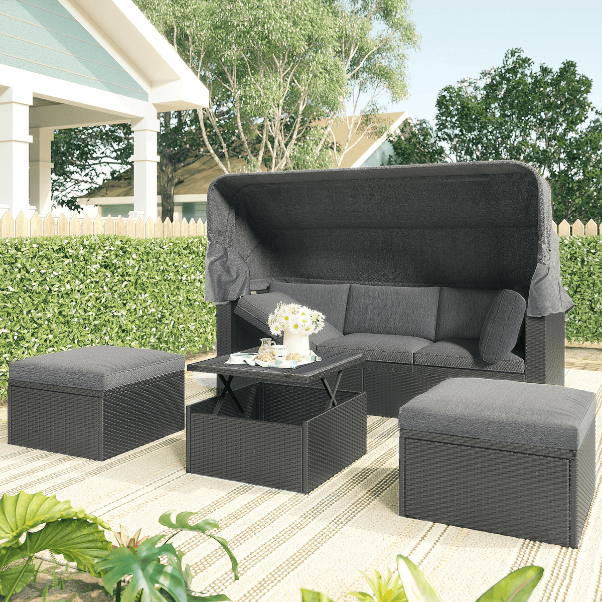 Outdoor Patio Rectangle Daybed with Retractable Canopy Wicker Sectional Seating - Mervyns