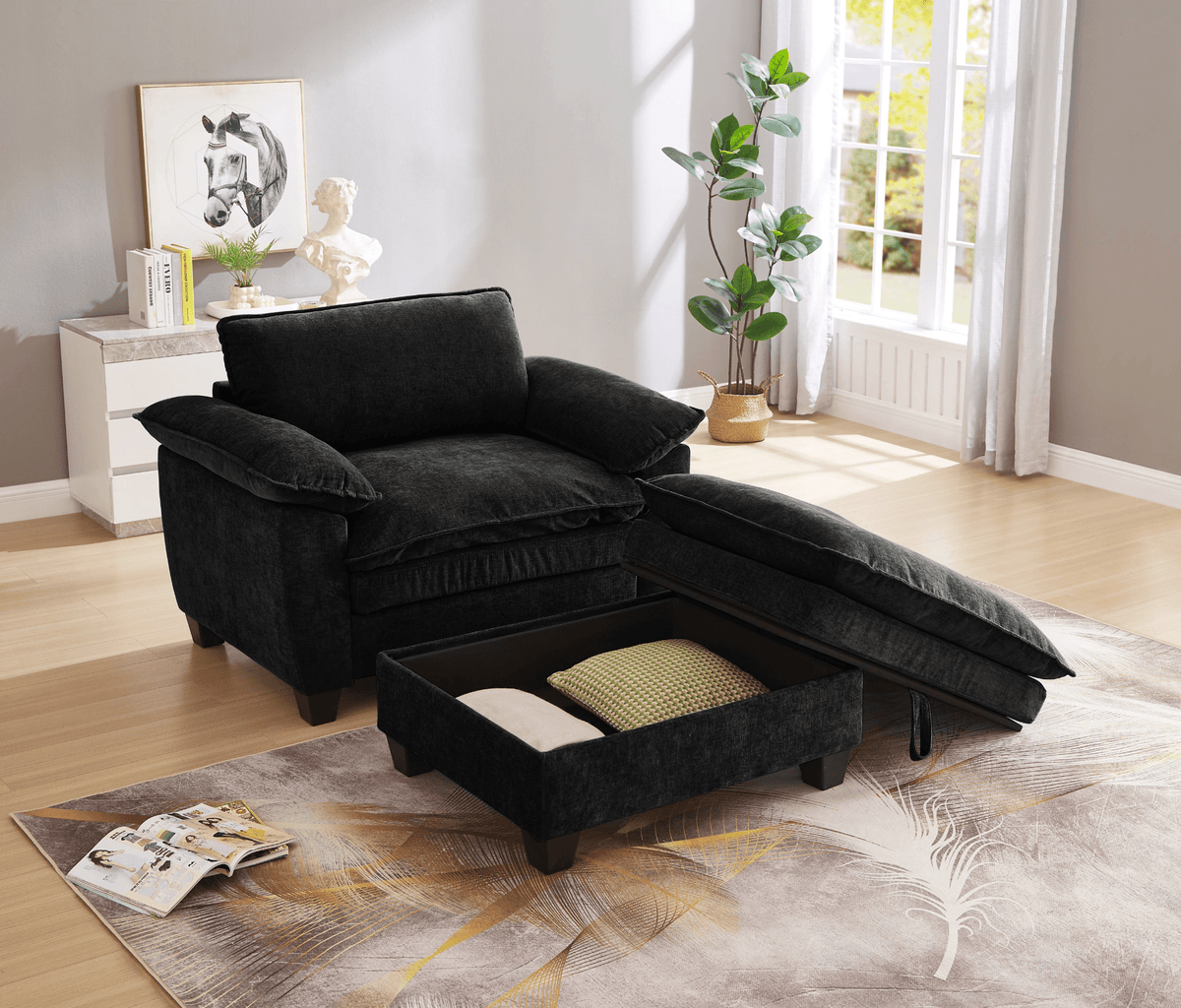 Oversize Chaise Lounge Chair with Ottoman and Storage Upholstered Soft Chenille - Mervyns