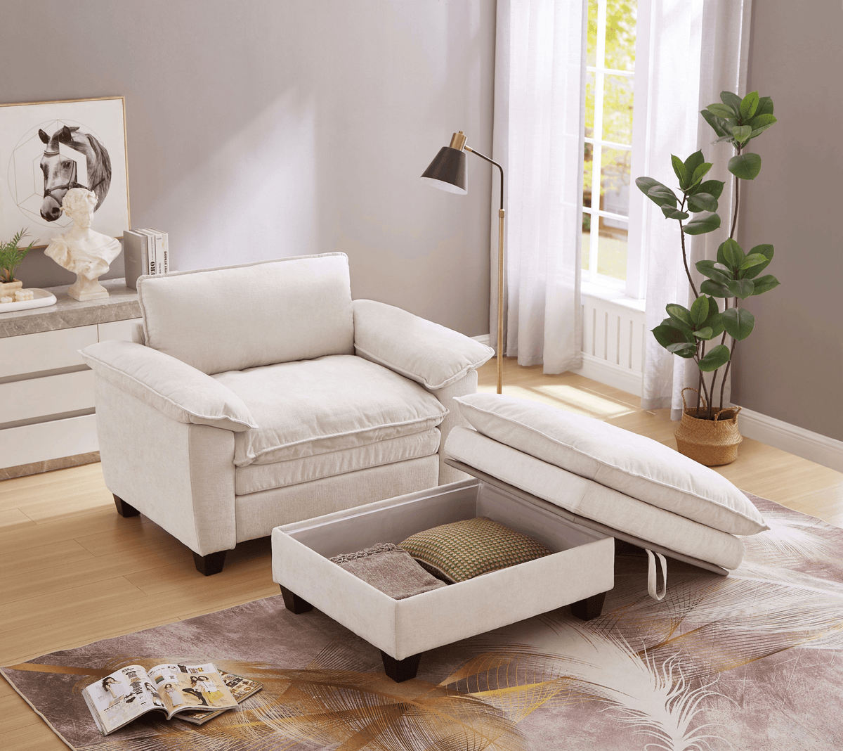 Oversize Chaise Lounge Chair with Ottoman and Storage Upholstered Soft Chenille - Mervyns