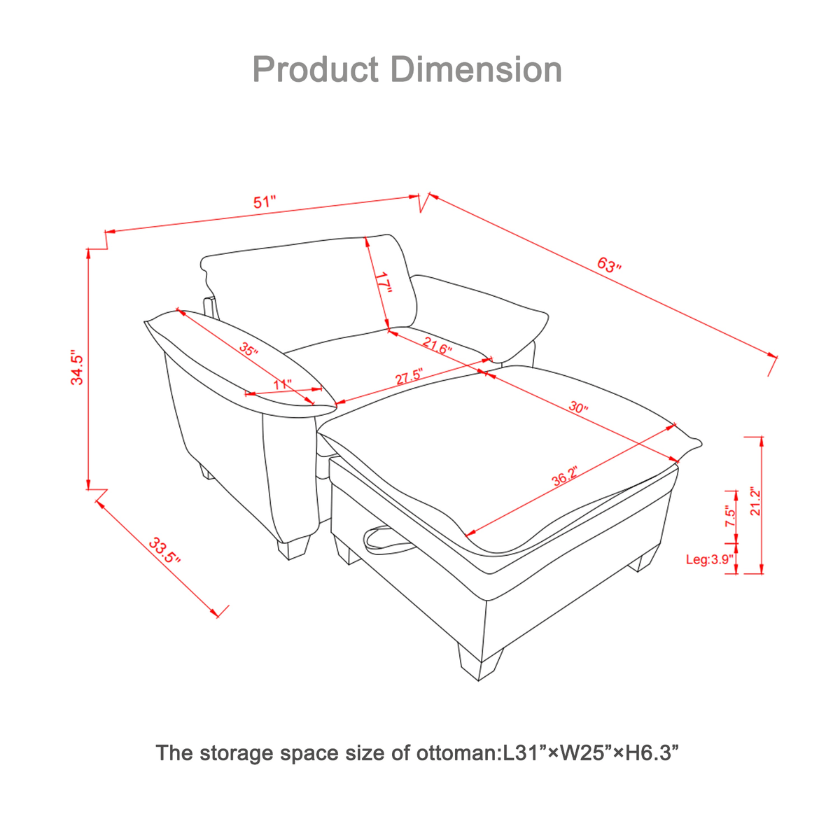 Oversize Chaise Lounge Chair with Ottoman and Storage Upholstered Soft Chenille - Mervyns