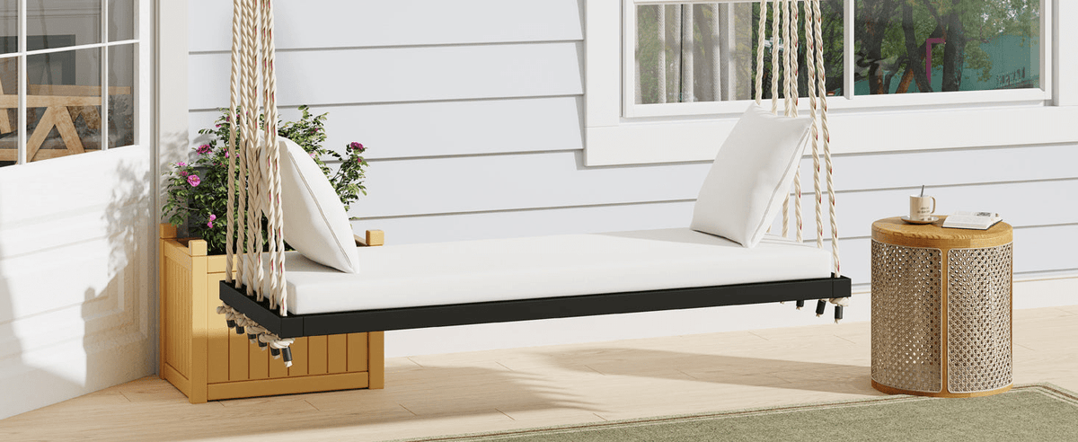 Patio Wooden Swing Chair Hanging Porch Swing Bench with Cushion & Pillows - Mervyns