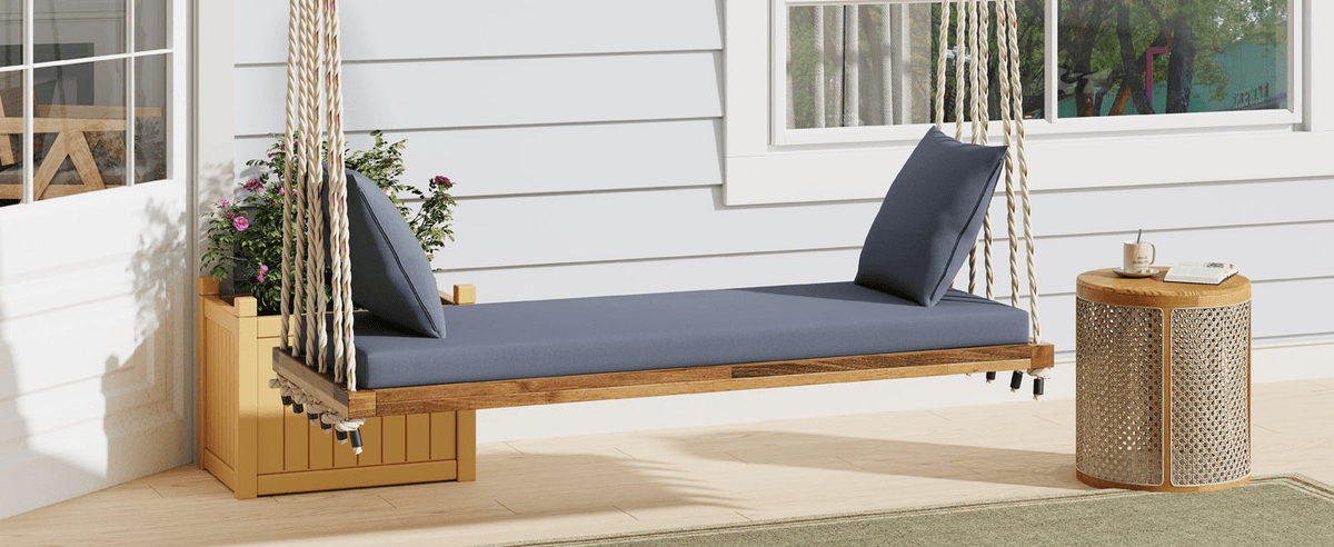 Patio Wooden Swing Chair Hanging Porch Swing Bench with Cushion & Pillows - Mervyns