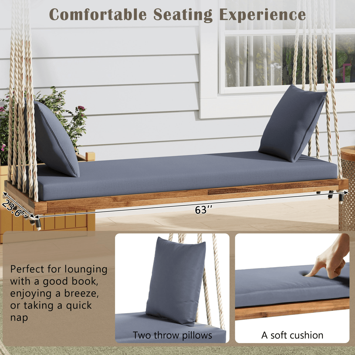 Patio Wooden Swing Chair Hanging Porch Swing Bench with Cushion & Pillows - Mervyns