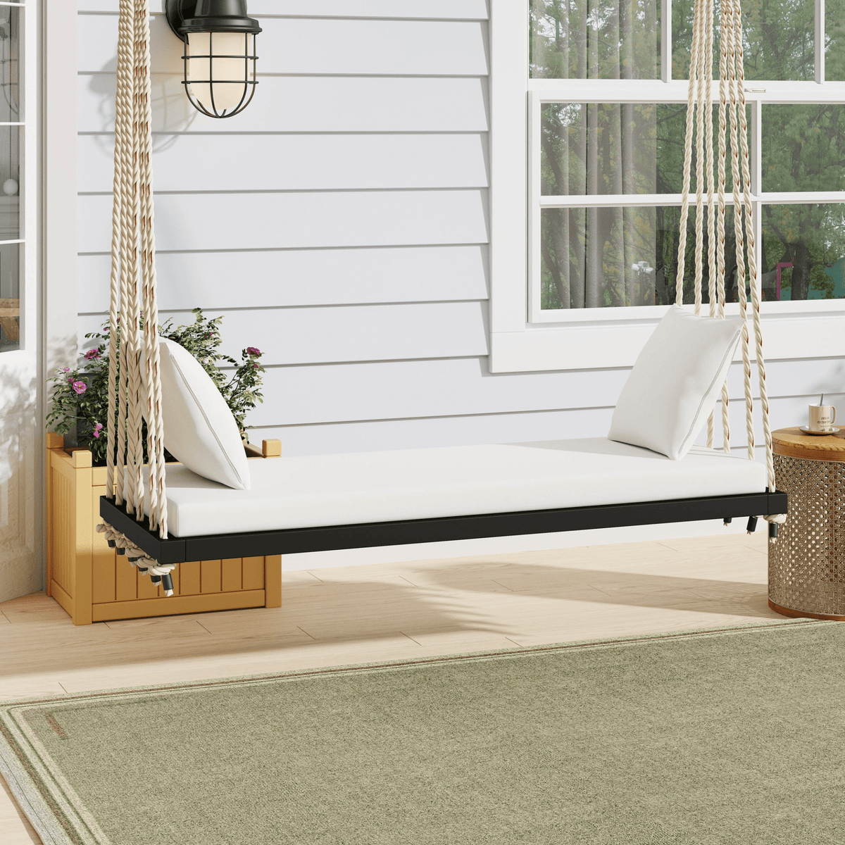 Patio Wooden Swing Chair Hanging Porch Swing Bench with Cushion & Pillows - Mervyns