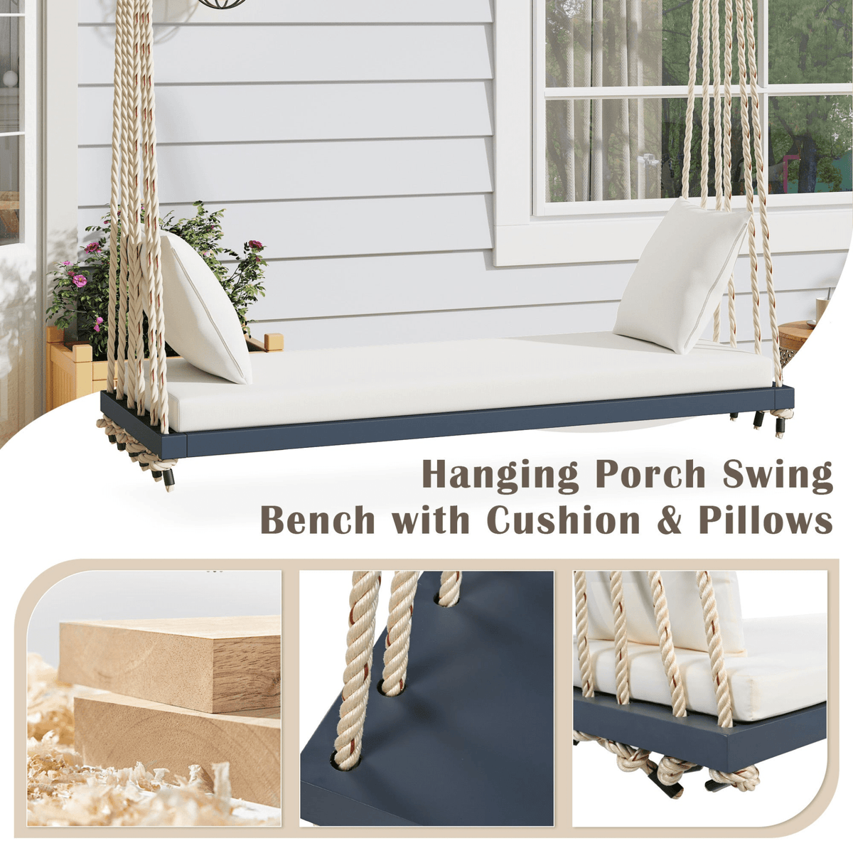 Patio Wooden Swing Chair Hanging Porch Swing Bench with Cushion & Pillows - Mervyns