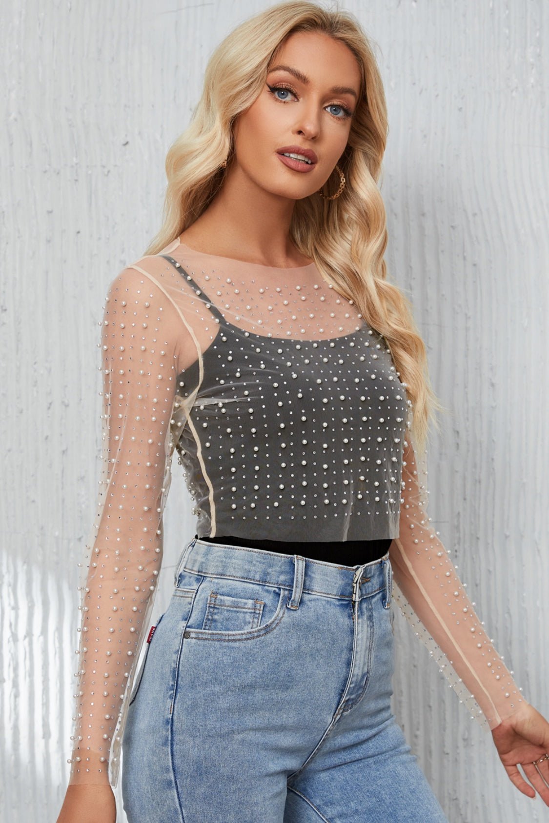 Pearl Long Sleeve Mesh Cropped Top - Mervyns