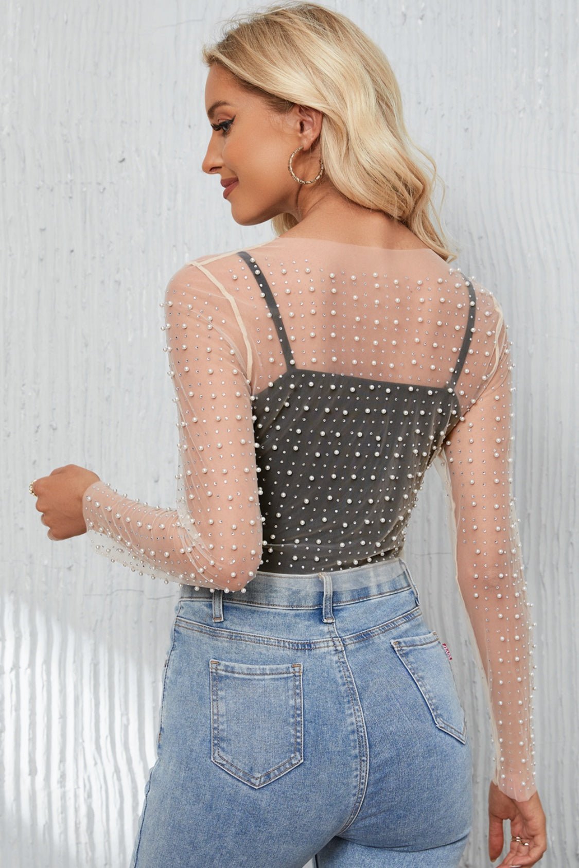 Pearl Long Sleeve Mesh Cropped Top - Mervyns