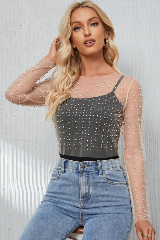 Pearl Long Sleeve Mesh Cropped Top - Mervyns