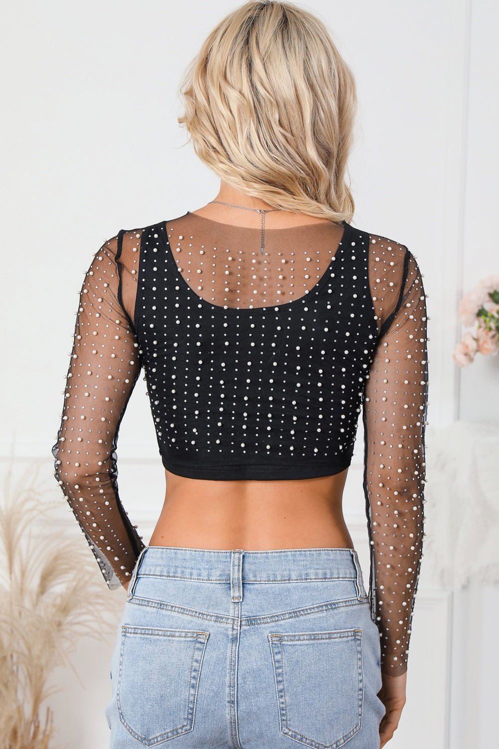 Pearl Long Sleeve Mesh Cropped Top - Mervyns