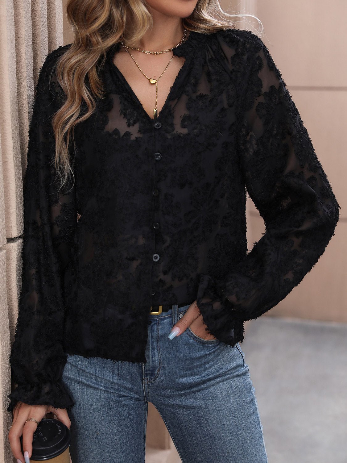 Perfee Lace Button Front Long Sleeve Top - Mervyns