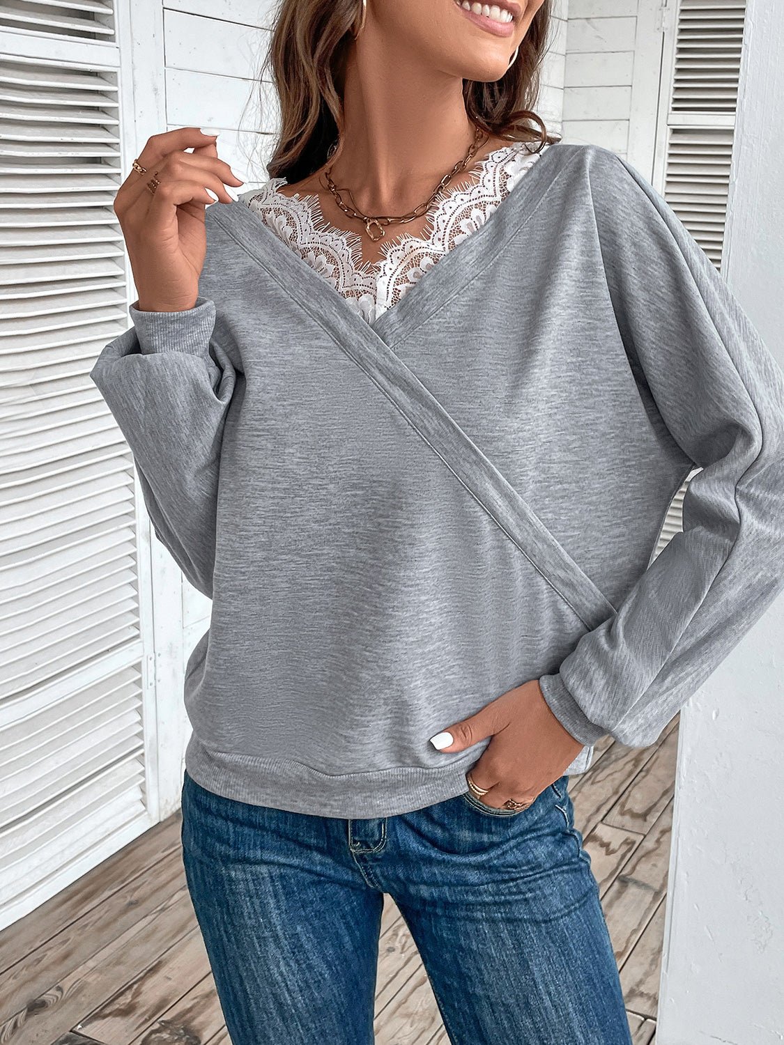 Perfee Lace Detail Long Sleeve Top - Mervyns