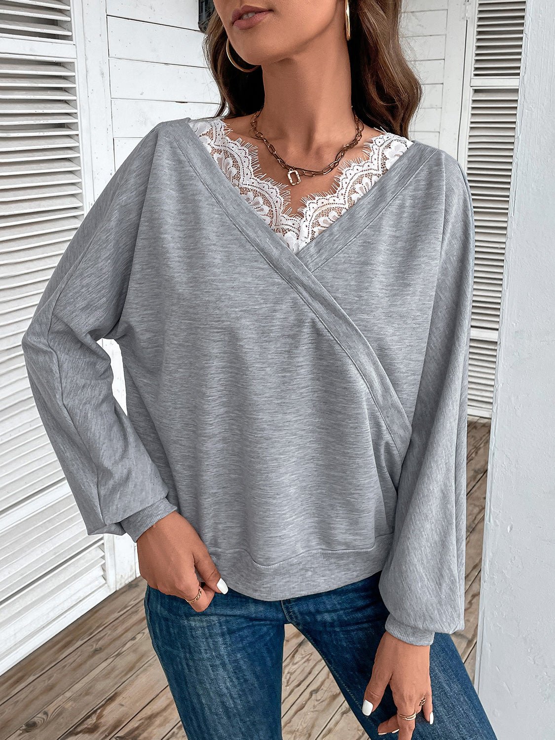 Perfee Lace Detail Long Sleeve Top - Mervyns