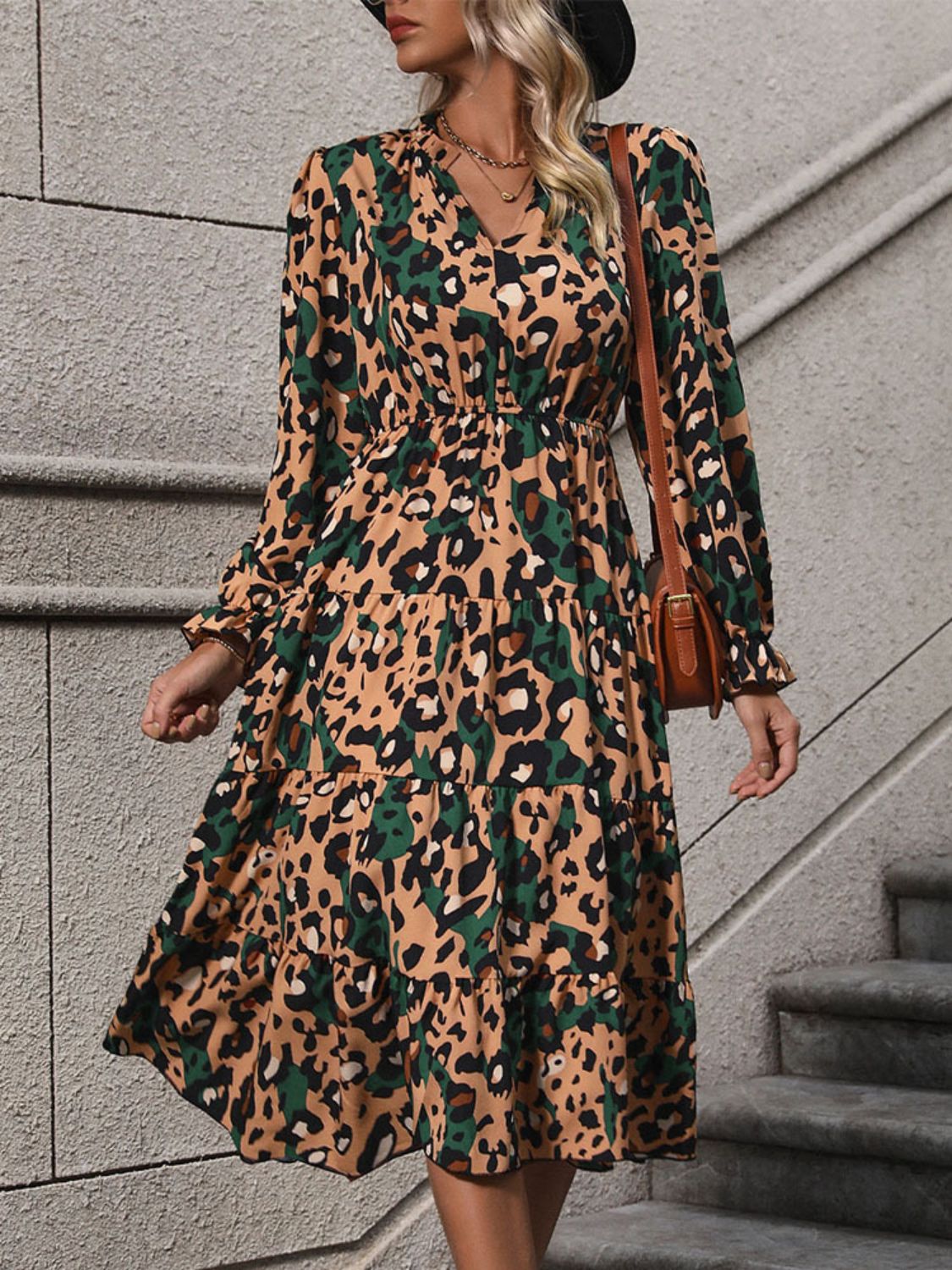 Perfee Leopard Notched Flounce Sleeve Midi Dress - Mervyns