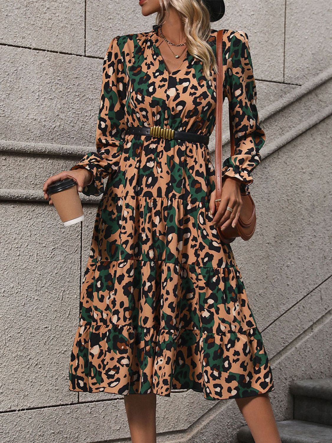 Perfee Leopard Notched Flounce Sleeve Midi Dress - Mervyns