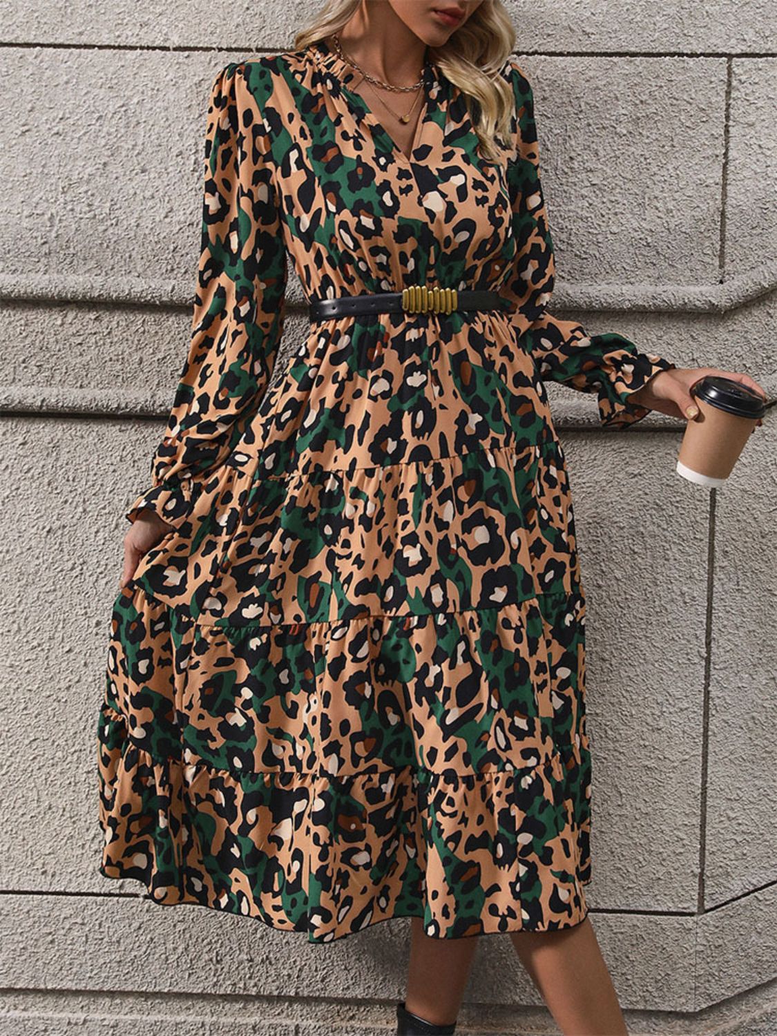 Perfee Leopard Notched Flounce Sleeve Midi Dress - Mervyns