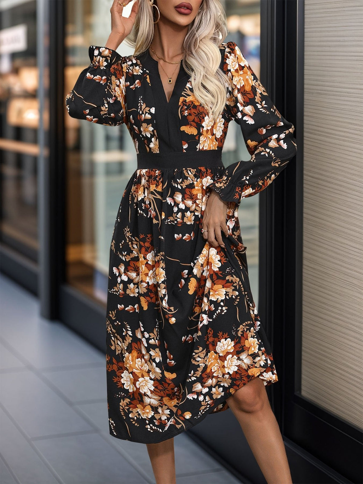 Perfee Printed Notched Long Sleeve Midi Dress - Mervyns